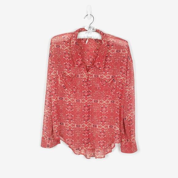 Free People Easy Rider Blouse Size M Red Boho Artsy Eclectic Beachy Flowy Summer - Picture 3 of 14